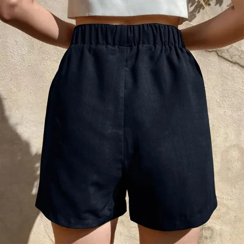 Vista 3 de Linen Sport Shorts Women Drawstring Wih Pockets Womens Wide Leg Capris Pants Cargo Solid Loose Fit Tummy Control Navy