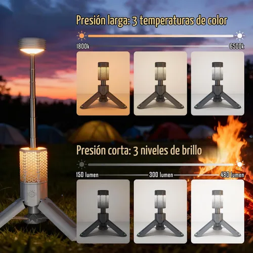 Vista 2 de Luz telescópica para campamento con soporte, linterna de campamento recargable de 10500 mAh, linterna portátil regulable con bolsa