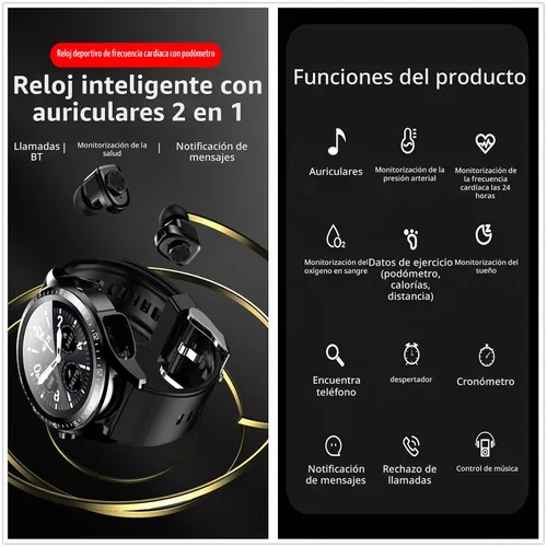 Vista 2 de Tuanzi JM03 2 en 1 Reloj inteligente con auriculares 1.28 "Smartwatch TWS HiFi Stereo Wireless Headset Combo Bluetooth Phone Call para Android iOS
