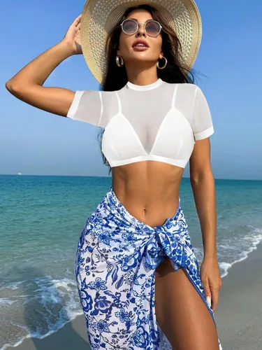 Vista 3 de Avidlove Top de malla para mujer, sexy, transparente, de manga corta, con brasier
