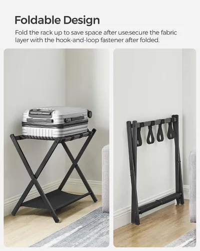 Vista 5 de SONGMICS Portaequipajes para habitación de invitados, soporte para maleta con estante de almacenamiento, marco de acero, plegable para un fácil Negro