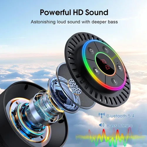 Vista 2 de Altavoz Bluetooth, altavoz de ducha IPX7 impermeable, altavoces Bluetooth inalámbricos con graves intensos, altavoz portátil con luz LED, ventosa