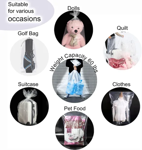 Vista 6 de Paquete de 2 fundas para bolsas de golf, 31 x 62 pulgadas, extra grandes, transparentes con cordón, bolsas de almacenamiento de plástico, buenas