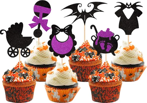Vista 22 de 30 piezas de decoración de murciélagos de Halloween para cupcakes de murciélago con purpurina negra para Halloween, decoración de pasteles de Negro