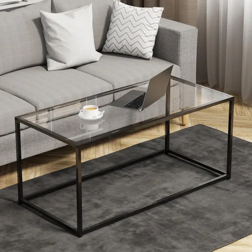 Vista 9 de Mesa de café redonda, pequeña mesa de café negra para sala de estar, mesa central moderna de 27" con tapa de vidrio transparente y marco de metal