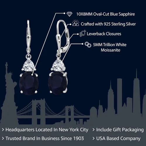 Vista 2 de Gem Stone King Aretes colgantes de plata de ley 925 con zafiro azul y moissanita blanca para mujer