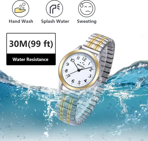 Vista 5 de BOSHIYA Reloj con banda elástica para mujer Easy Reader de 1.181 in analógico de cuarzo con correa elástica de acero inoxidable, impermeable, reloj