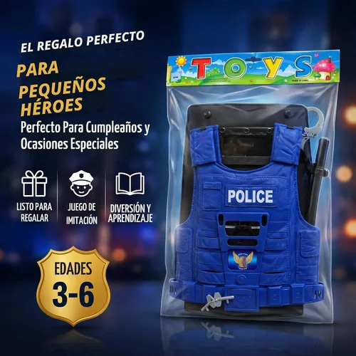 Vista 7 de Set de policía para niños, con máscara, chaleco, escudo, placa, esposas, granada, macana y cuchillo