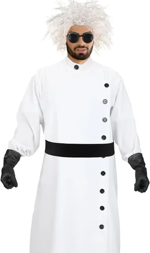 Vista 7 de Jiuguva 9 piezas de disfraz de científico loco de Halloween para hombres adultos, incluyendo abrigo, cinturón, guantes y gafas, peluca, bigote