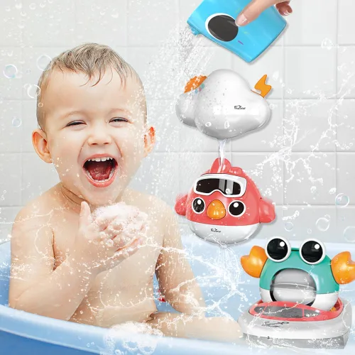 Vista 6 de VATOS Juguetes de baño para bebés, juguetes de baño de baloncesto de elefante para bebés, niños y niñas de 1 año, juego de bañera para bebés