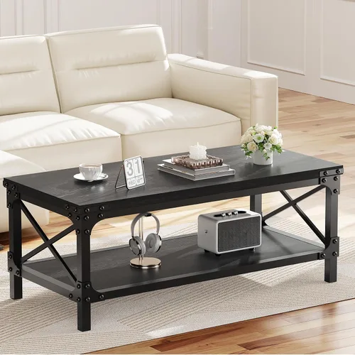 Vista 9 de Mesa de café rectangular para sala de estar, mesa de café rectangular de madera, mesa central industrial moderna de 2 niveles con tablero engrosado