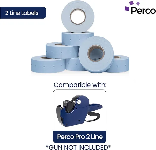 Vista 2 de Perco Etiquetas azules de 2 líneas, 6,000 etiquetas de precio en blanco y fecha para pistolas Perco de 2 líneas de precio y fecha, 8 rollos, 1