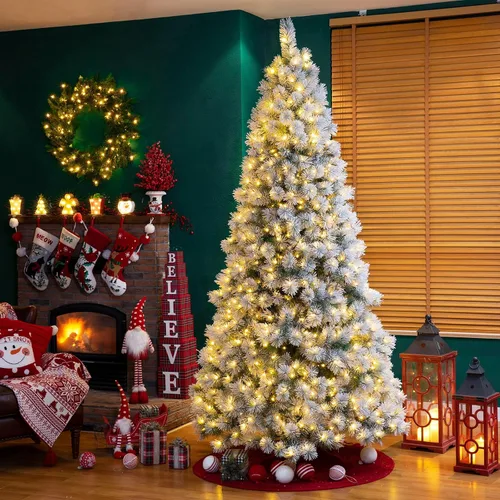 Vista 38 de Glitzhome - Árbol de Navidad artificial delgado preiluminado de 2.4 m, con ramas de pino Aspen Frostfall, soporte plegable de metal, 500 luces Aspen