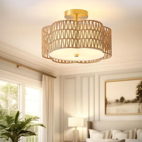 Vista 3 de Lámparas bohemias de 13.6 pulgadas de montaje empotrado, 3 luces de ratán para techo, montaje empotrado dorado para dormitorio, en forma de flor