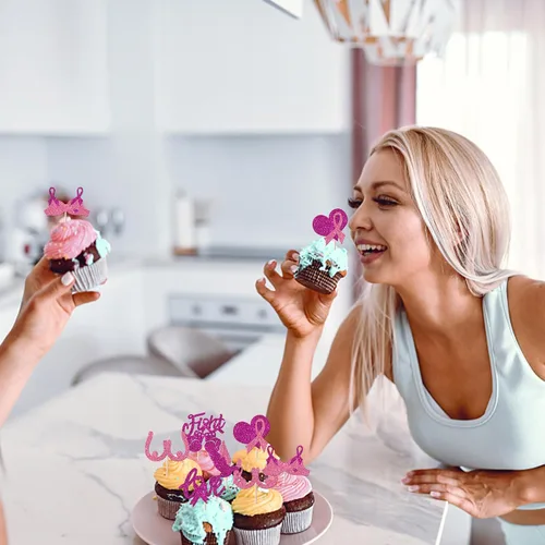 Vista 7 de Rsstarxi Paquete de 24 adornos para cupcakes con purpurina para concientización sobre el cáncer de mama, cinta rosa con purpurina para lucha contra