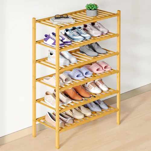 Vista 35 de Smiry Zapatero de bambú para armario, organizador de zapatos de madera de 3 niveles, estante apilable de almacenamiento de zapatos de madera