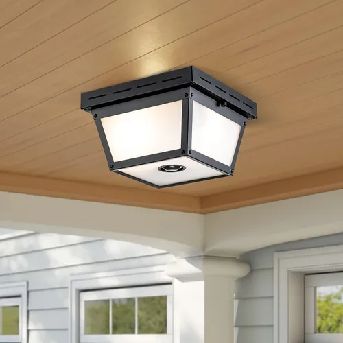 Vista 6 de Lámpara de techo con sensor de movimiento de 2 luces, luz empotrada para exteriores, luces de porche, montaje en techo negro con vidrio texturizado
