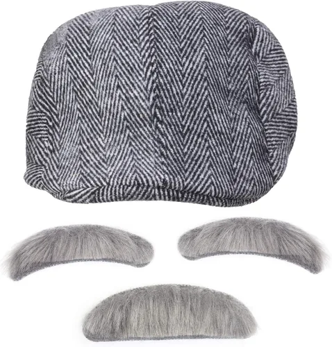 Vista 3 de Beelittle - Disfraz de anciano, juego de accesorios de abuelo boina lentes bigote cejas.
