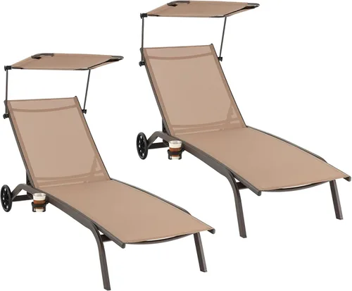 Vista 10 de Tangkula Tumbona para patio, reclinable al aire libre con ruedas, toldo ajustable y portavasos, respaldo de 6 niveles, tumbona reclinable de metal