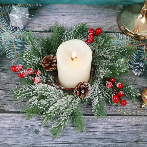 Vista 3 de Anillos de vela de Navidad – Juego de 12 anillos de vela artificiales de bayas rojas y piñas de 10 pulgadas, coronas de velas de Navidad