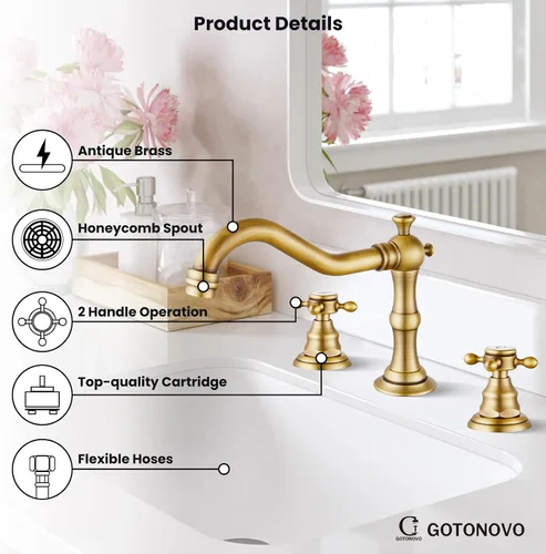 Vista 9 de gotonovo Grifo de baño de 3 agujeros y 8 pulgadas, grifo de lavabo de baño extendido, 2 asas cruzadas, grifo mezclador vintage con drenaje Latón