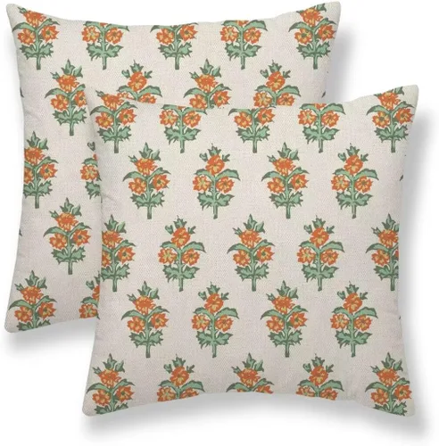 Vista 40 de Juego de 2 fundas de almohada florales de color marrón y gris de 16 x 16 pulgadas, fundas de almohada con estampado de bloques de hojas de flores