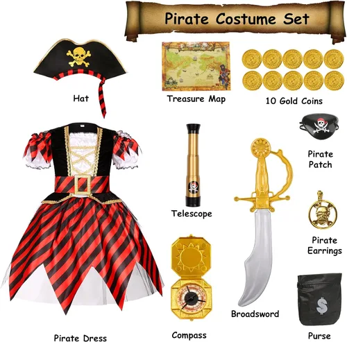 Vista 2 de Disfraz de pirata, disfraz de Halloween para niñas, disfraz de princesa bucanera con accesorios de lujo, regalos de cumpleaños