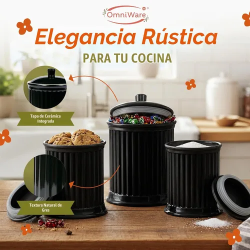 Vista 2 de Omniware Simsbury - Juego de 3 botes de almacenamiento de cocina de gres con tapas selladas con silicona, esmalte libre de plomo y apto