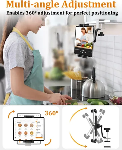 Vista 2 de Soporte para tablet debajo del gabinete, soporte para tableta de cocina con base de abrazadera de metal Sdurdy, soporte para tableta de escritorio
