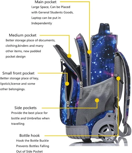 Vista 4 de Tilami Mochila con ruedas para laptop de 18 pulgadas para niños y niñas