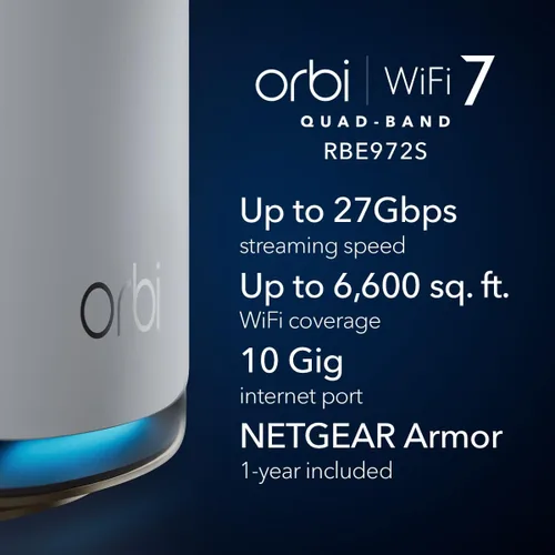 Vista 2 de Netgear Orbi Serie 970 Sistema de Red Mallada WiFi de Cuatro Bandas (RBE972S) - Rúter + 1 Extensor Satélite, Características de Seguridad, 27 Gbps