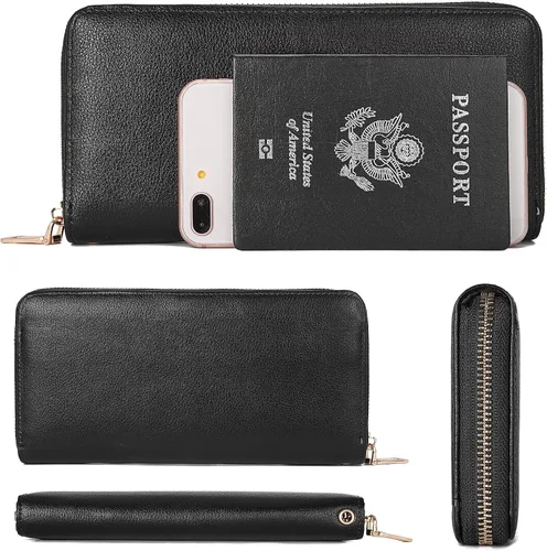 Vista 4 de WOZEAH - Cartera de piel sintética con cremallera y bloqueo RFID para mujer, ideal para viajar