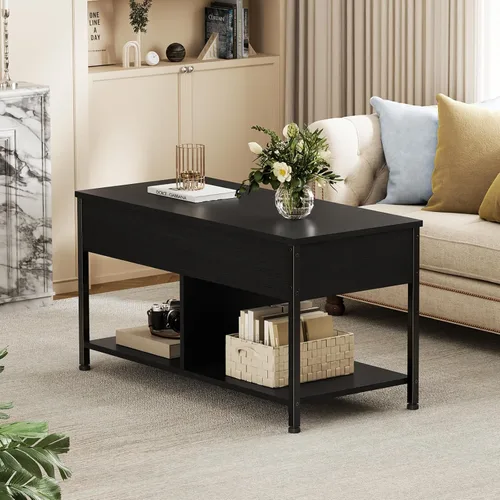 Vista 8 de OLIXIS Mesa auxiliar con almacenamiento para el hogar, sala de estar, oficina, color negro Madera, elevador, compartimento oculto, estante