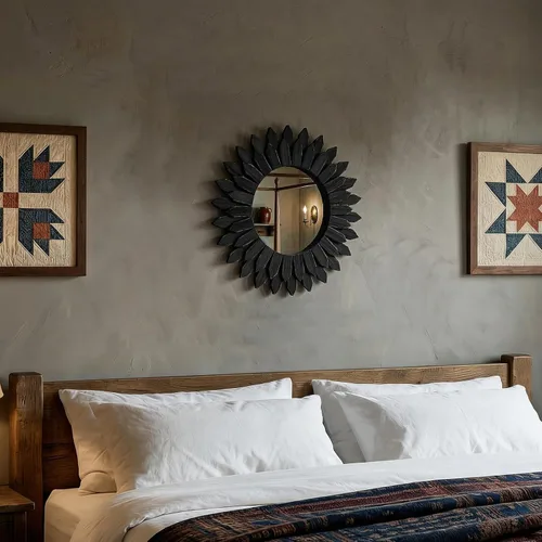 Vista 7 de Espejo de Pared Boho de 20 Pulgadas Negro con Diseño de Rayos de Sol - Espejo Circular de Madera para Pared, Espejo Circular Rústico Hecho a Mano