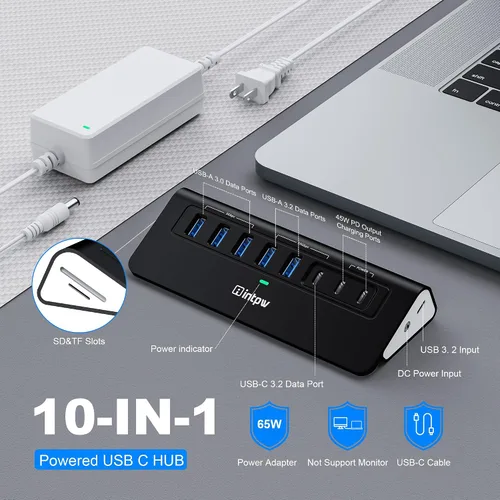 Vista 2 de Hub USB alimentado de 10 Gbps, intpw YH6AC Plus 10 puertos USB 3.2 Hub