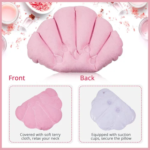 Vista 3 de Almohada inflable de baño de 3 piezas con ventosas, cubierta de tela de rizo en forma de concha para bañera o spa, cojín cómodo y suave, soporte