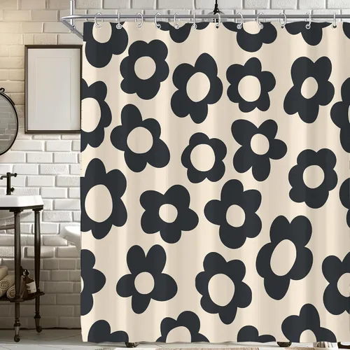 Vista 36 de Cortina de ducha pequeña para casa rodante, tamaño medio, estilo retro de los 70, con flores bonitas, estética abstracta de margaritas, decorativa