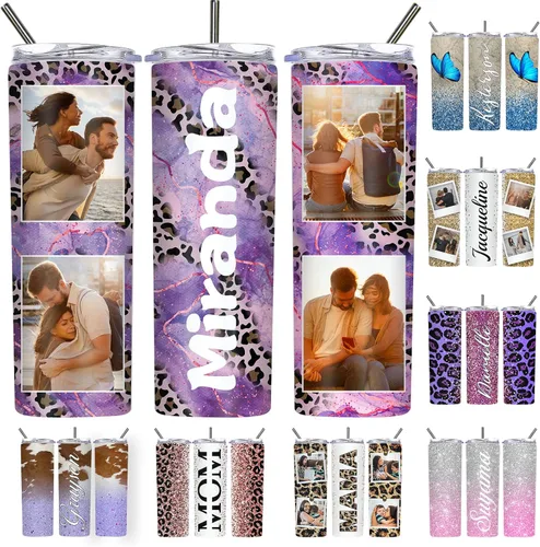 Vista 15 de Vaso delgado personalizado con purpurina con tapas y popotes, nombres, vasos de acero inoxidable personalizados con imagen para mujeres, hombres