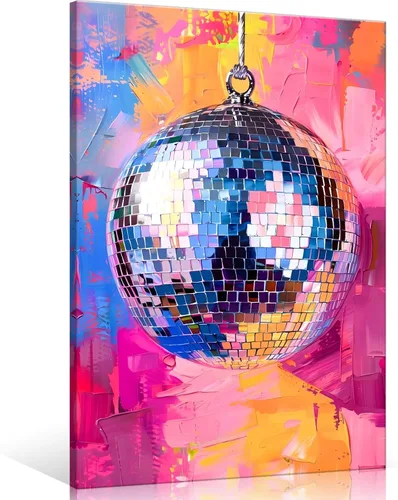 Vista 15 de Arte de Pared en Lienzo de Bola de Discoteca Rosa Suave de Moda, Póster con Textura de Bola de Espejo Plateada Funky para Chica, Impresión