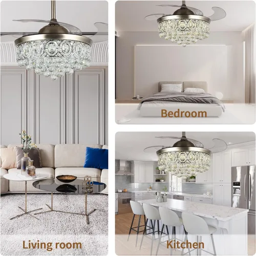 Vista 4 de Ventilador de techo de araña de cristal de 42 pulgadas con luces y cuchillas retráctiles de control remoto, moderno ventilador LED de iluminación