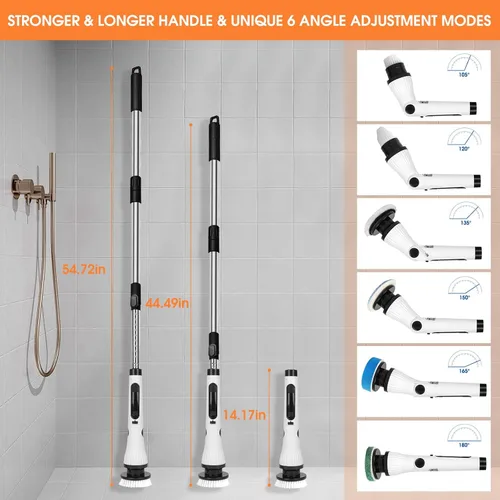 Vista 3 de Limpiador eléctrico giratorio, cepillo de limpieza inalámbrico, cepillo limpiador de ducha de mango extensible de 54 pulgadas, 6 ángulos ajustables