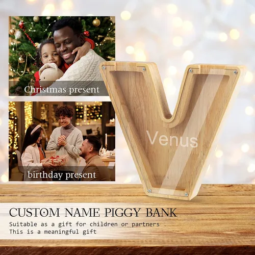 Vista 5 de Wooden Piggy Bank Personalized 26 English Alphabet Letter Coin Bank Custom Money Box Wooden Piggy Bank Gift for Kids Christmas Birthday Gift Home