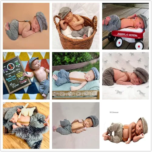 Vista 7 de Coberllus Accesorios para fotos de bebé recién nacido tela a cuadros para niños gorra plana y pantalones con tirantes