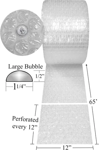 Vista 2 de Embalaje protector de burbujas grande de 1/2 pulgada (12 pulgadas de ancho x 65 pies de largo), rollo de burbujas para embalaje, almacenamiento