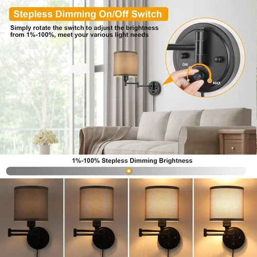 Vista 4 de GOODATE Apliques de pared regulables, lámpara de pared con brazo oscilante, juego de dos apliques de pared, lámpara de pared enchufable, juego de 2