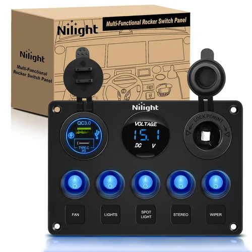 Vista 11 de Nilight 90101E Panel de Interruptores Basculantes Multifunción de 5 Posiciones con Cargador USB Dual + Voltímetro Digital + Toma de 12V Precableado