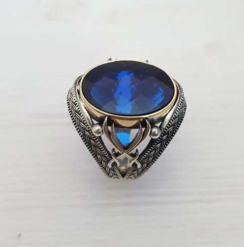 Vista 7 de Beautiful Handcrafted 925K Solid Sterling Silver Cubic Zircon Sapphire Color Men's Ring RP54