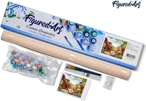 Vista 5 de Figured'Art Pintura por números para adultos Desayuno en un pueblo mediterráneo 16"x20" - Kit de pintura de arte artesanal lienzo enrollado sin marco