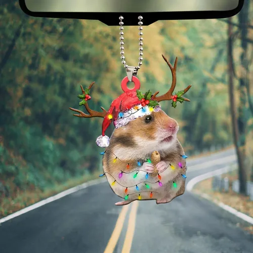 Vista 5 de Talataca Hámster con sombrero de Navidad, reno con cadena de luces 2D plano para espejo retrovisor para automóvil, accesorios para el árbol