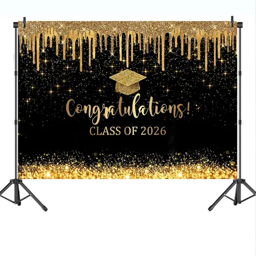 Vista 8 de Mocsicka Fondo de graduación de 7 x 5 pies 2026, decoraciones de graduación negro y dorado, pancarta de felicitaciones de graduación 2026, fondo